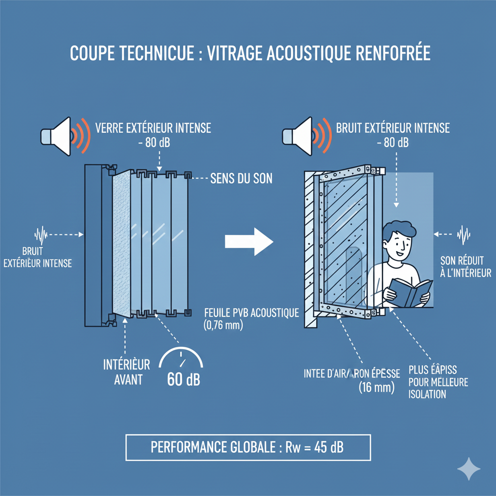 Structure détaillée d’un vitrage acoustique avec vitres asymétriques et film isolant
