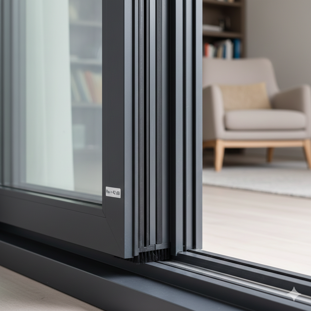 Détail d’une baie vitrée équipée de joints renforcés pour isolation phonique